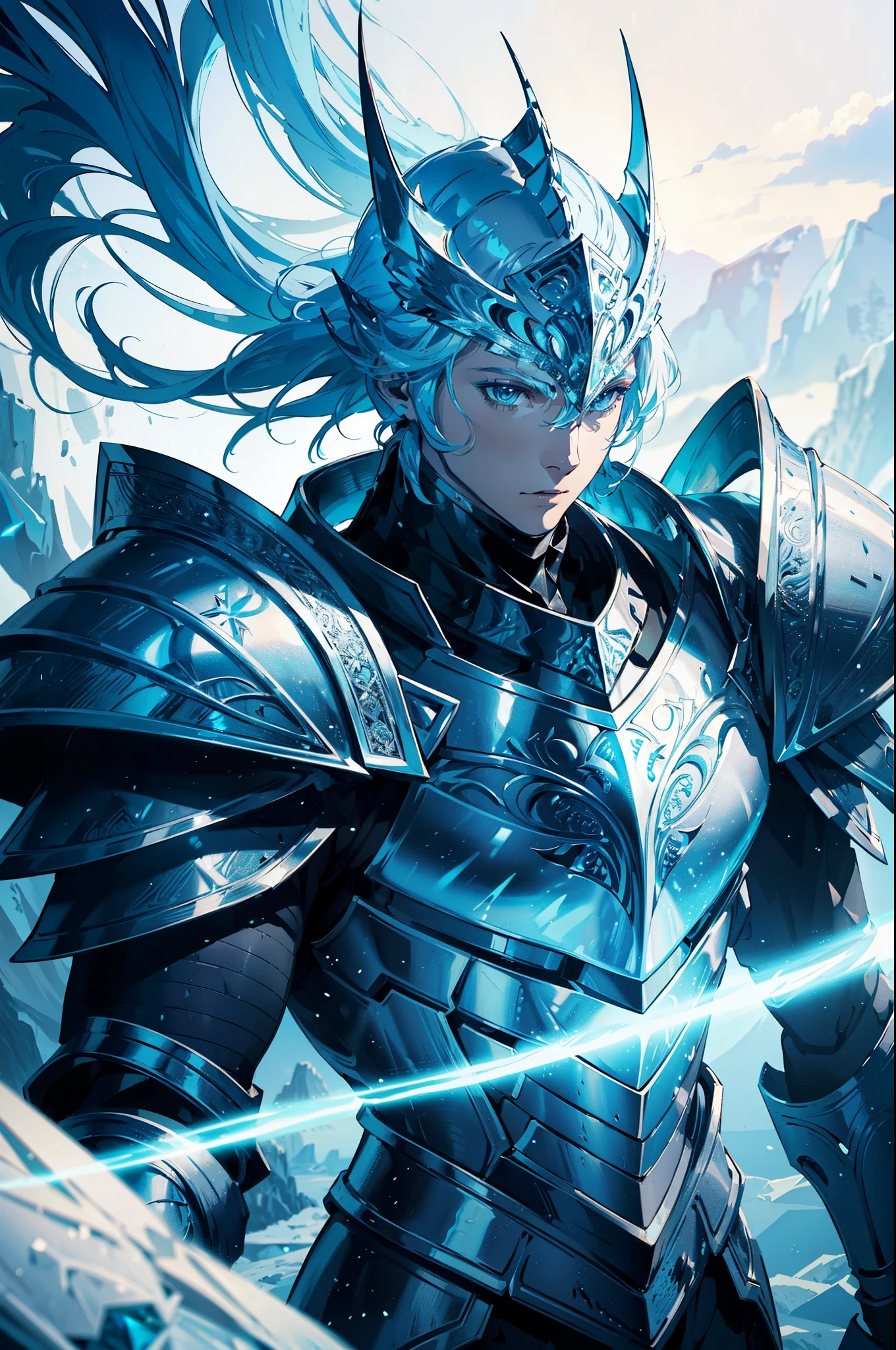 Ice knight, man with fine armor, intricate design, ocean blue details, silk, cinematic lighting, 4k, floating hair, sharp, prism, shining knight. Man with details armor. 