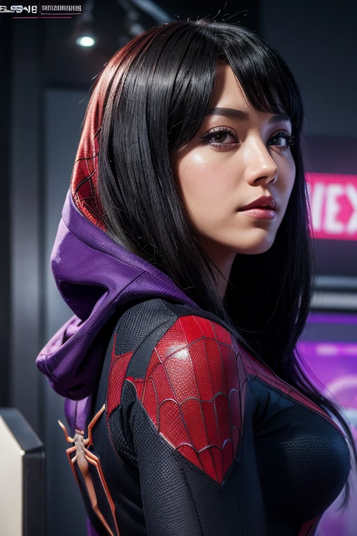 (gyeongsan:1.5), close up, masterpiece, best quality, raw photo, photorealistic, face, incredibly absurdres, beautiful girl, cute, short hair, depth of field, highres, ultra-detailed, finely detail, extremely detailed, extremely detailed eyes and face, sharp pupils, realistic pupils, sharp focus, ccinematic lighting spider - man and the sinister spider - woman, spider - gwen, spider-gwen, ( ( spiderwoman ) ), spider woman, spiderverse, spider - verse art style, gwen stacy, textless, spider gwen, miles morales, into the spider verse, into the spiderverse, artgerm and ilya kuvshinov, marvelous, spiderwoman!!A girl with long black hair that wavy on the bottom, wearing a purple and black spiderman outfit with a purple hoodie and four piercings in each ear.
