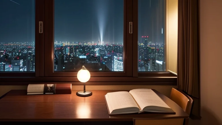 A small private room for one person where you can concentrate on studying. On the table, in addition to a light, there is a book, a notebook, a pen, and a cup of coffee. You can see the night view of Tokyo Bay from the front window.