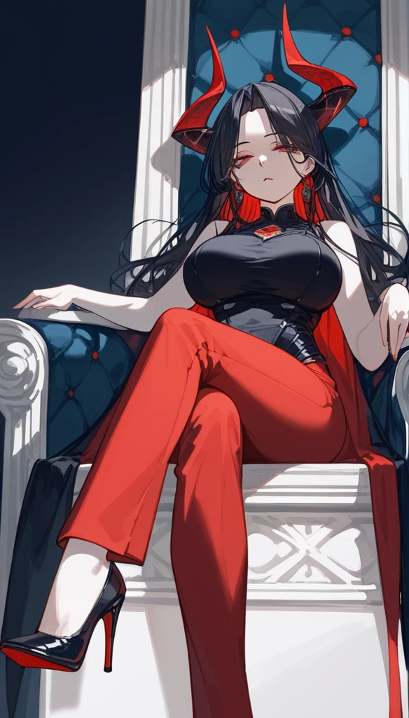 masterpiece, Score_9, Score_8_up, Score_7_up, front view, 1 woman, alone, black hair with red, long hair, parted bangs, dark red eyes, half-closed eyes, parted lips, expressionless, pale skin, large breasts, body suit, black bottom, best quality, horns up, long open bangs, black sleeveless shirt, black V-neck, red baggy pants, high heels, Sitting on a throne.