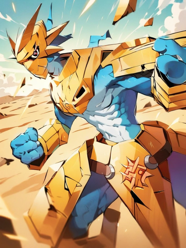 solo,angry Magnamon,tall, blue and white skin,(battle damaged:1.5),(topless Magnamon:2),(armor fragments:1.5),(shirtless:1.5), fighting_stance, in desert ,full_shot
