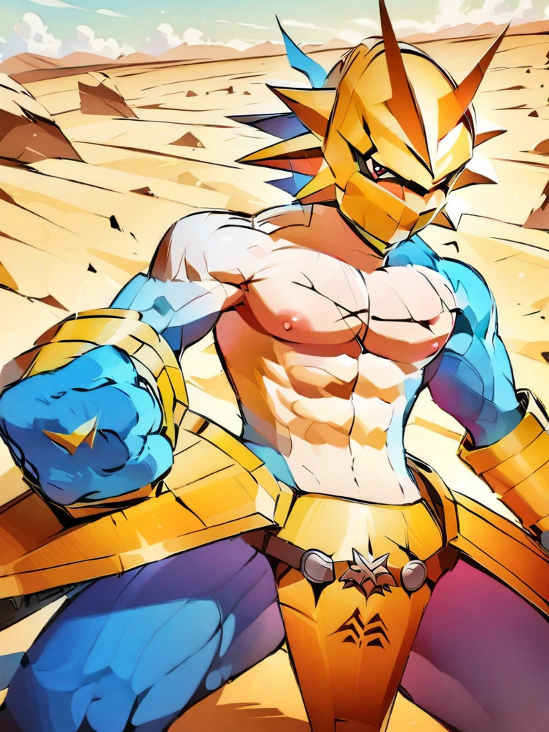 solo,angry Magnamon,tall, blue and white skin,(battle damaged:1.5),(topless Magnamon:2),(armor fragments:1.5),(shirtless:1.5), fighting_stance, in desert ,full_shot