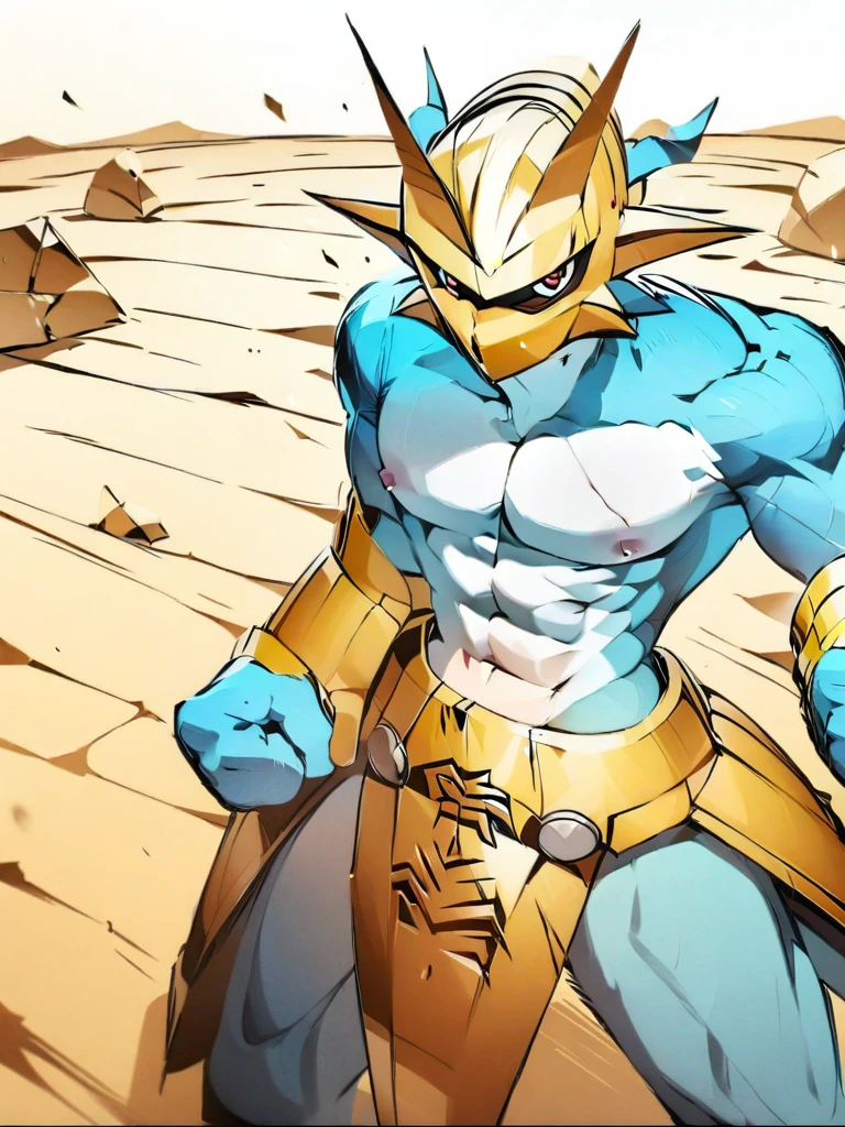 solo,angry Magnamon,tall, blue and white skin,(battle damaged:1.5),(topless Magnamon:2),(armor fragments:1.5),(shirtless:1.5), fighting_stance, in desert ,full_shot
