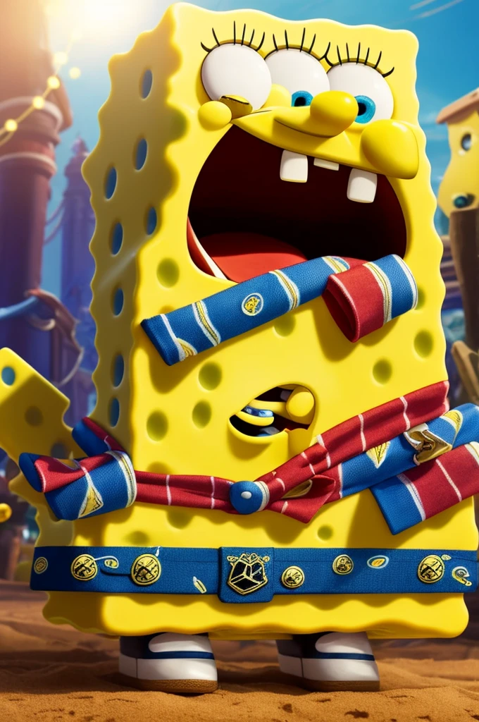 Take a close-up of SpongeBob, animated character, front with laces that shine in the light of the sky, with studded teeth, luxury cars behind him and a lot of money