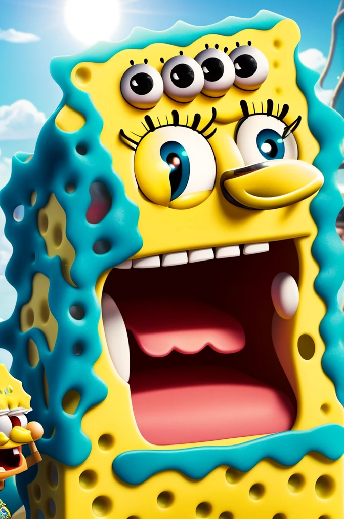 Take a close-up of SpongeBob, animated character, front with laces that shine in the light of the sky, with studded teeth, luxury cars behind him and a lot of money 