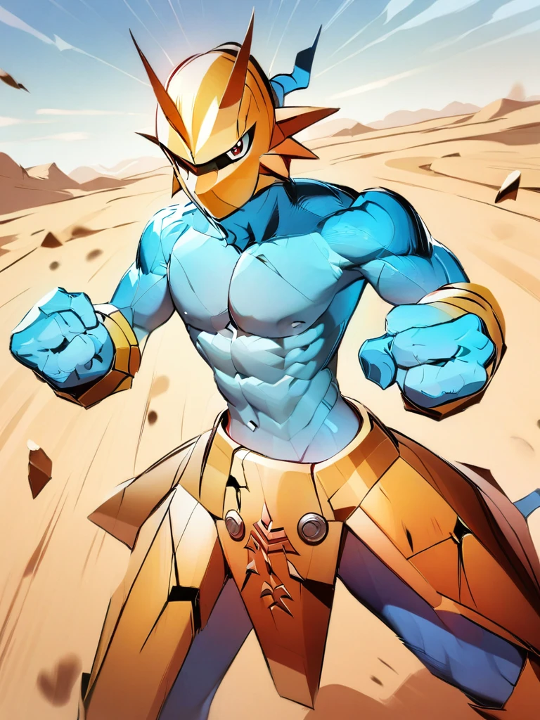 solo,angry Magnamon,tall, blue and white skin,(battle damaged:1.5),(topless Magnamon:2),(armor fragments:1.5),(shirtless:1.5), fighting_stance, in desert ,full_shot
