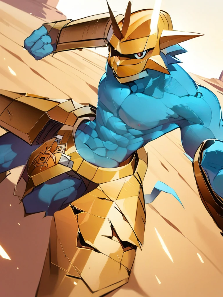 solo,angry Magnamon,tall, blue and white skin,(battle damaged:1.5),(topless Magnamon:2),(armor fragments:1.5),(shirtless:1.5), fighting_stance, in desert ,full_shot
