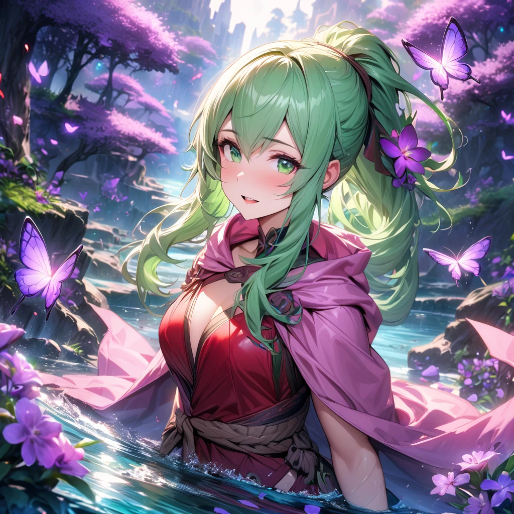 absurdres, highres, ultra detailed, HDR, master piece, best quality, Tiki, light-green long hair, tied in a ponytail, expressive green eyes, fire emblem awakening, solo, woman, beautiful, red dress, pink cape, fantasy, shining, water, purple flowers, purple blossoms, purple butterflies, purple petals
