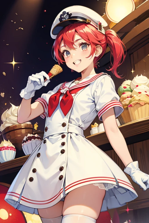 Muffin Ice Cream girl is a muffin. Her muffin liner looks like a candy shop owner outfit. sHe has red cheeks white gloves and a small sailors hat on her head which Muffin likes crooked. sHe also has buck teeth and a red tie. SPARKLE; GLITTE