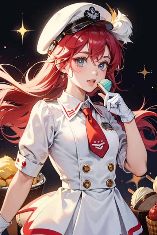 Muffin Ice Cream girl is a muffin. Her muffin liner looks like a candy shop owner outfit. sHe has red cheeks white gloves and a small sailors hat on her head which Muffin likes crooked. sHe also has buck teeth and a red tie. SPARKLE; GLITTE