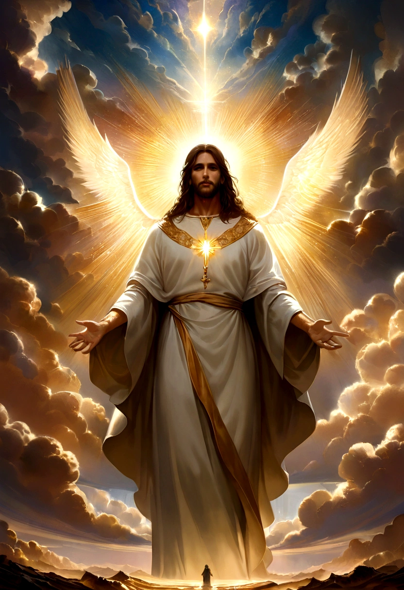 cinematic dramatic portrait of jesus christ, jesus christ in glory, jesus christ in the sky, jesus christ surrounded by light, jesus christ in divine atmosphere, masterful oil painting, highly detailed, photorealistic, dramatic lighting, cinematic composition, epic scale, glowing radiant light, heavenly atmosphere, majestic clouds, dramatic sky, dramatic lighting, chiaroscuro, intricate details, rich textures, vibrant colors, renaissance style, ornate details, heavenly aura, ethereal presence