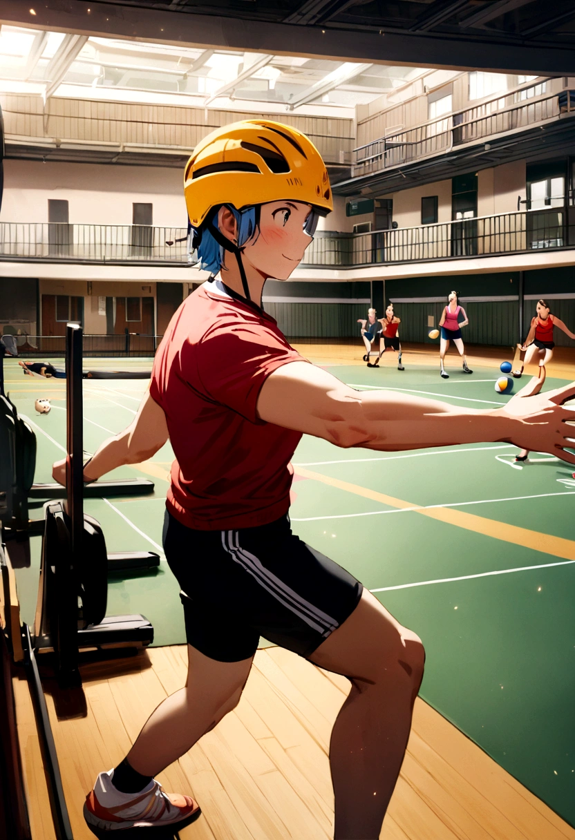 happy hamster, Having a volleyball, Wear a helmet on your head, gym