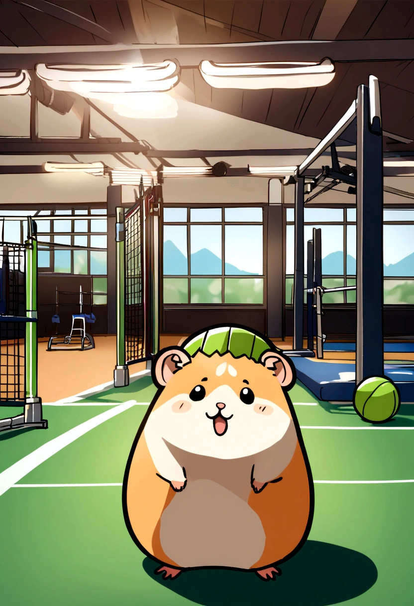 happy hamster, Having a volleyball, Wear a helmet on your head, gym