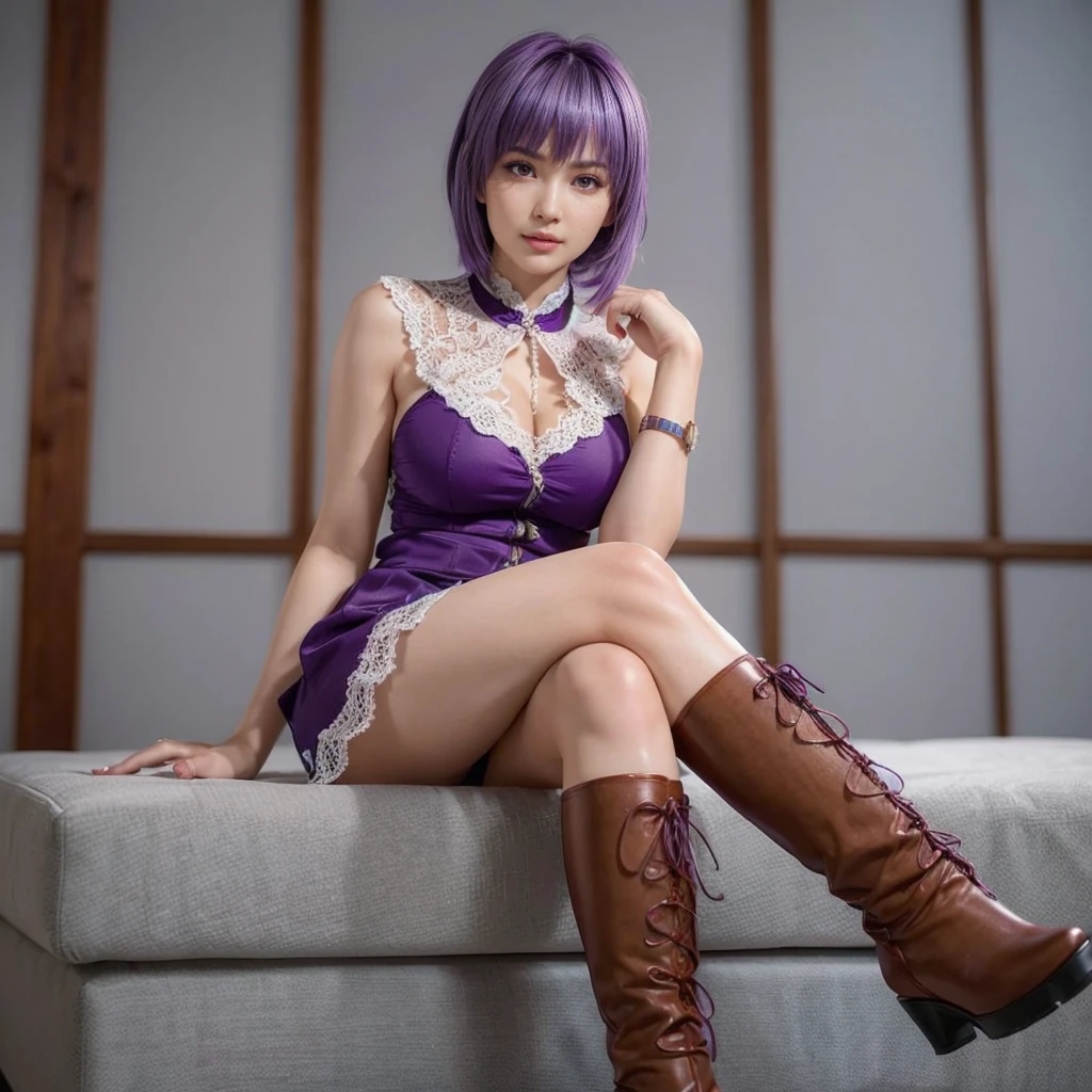 Ayane, purple hair, (best quality, ultra-detailed), (realistic:1.37), beautiful and detailed face, ultra-realistic texture, delicate face, delicate body, red lipstick, bright colors. high definition, 8K, well defined legs