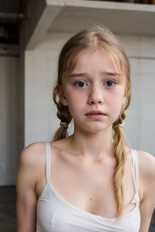 A scared looking 11 yo white teen girl in a tight white tank top in a basement. Cleavage. Close up. Blonde pigtails 