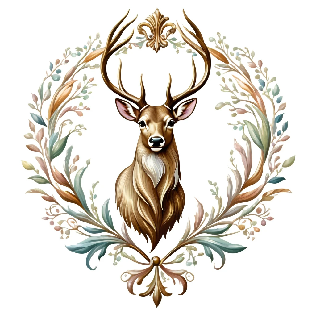 deer emblem, majestic and graceful, rich composition, pastel colors, no background, top quality image.