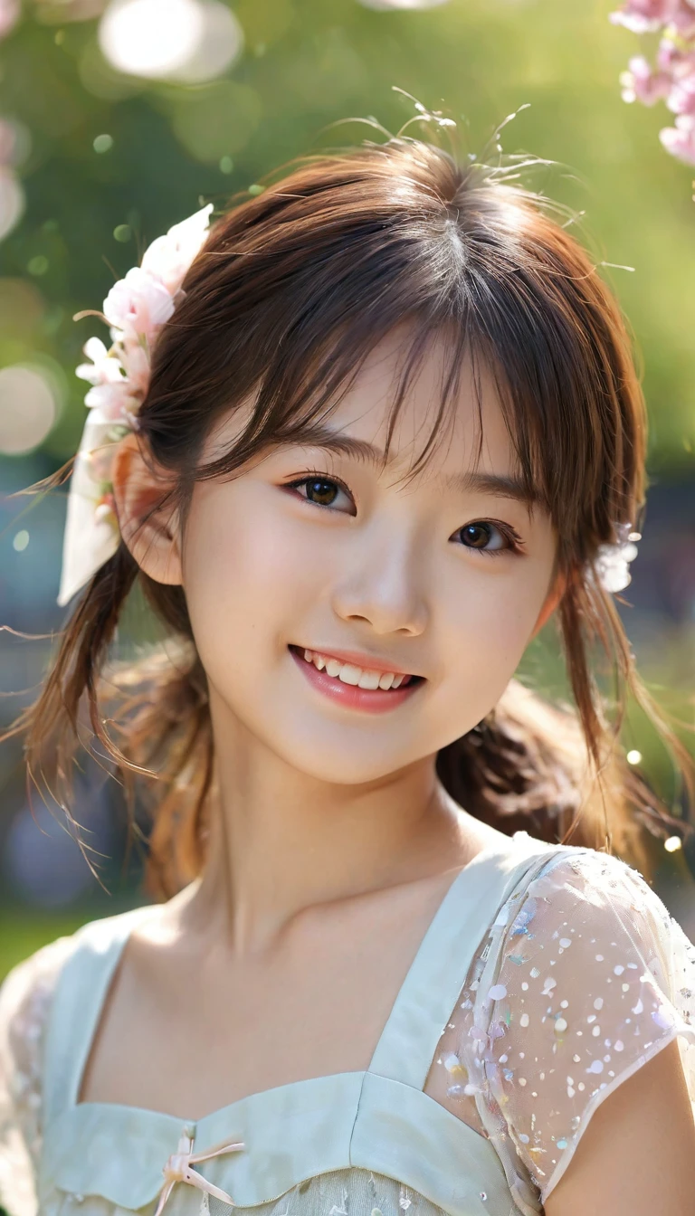 close-up of pretty Japanese_Korean girl,((flat chests:1.35)), wear see through fabric,outdoor, bokeh background, UHD, 32K, 10 years old, astonishingly pretty,absolutely cute,cute smile,very adorable, absolutely stunning,