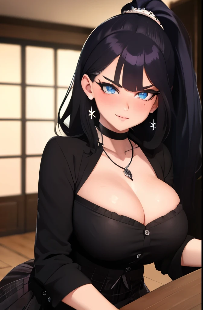raven black hair in a high ponytail, crystal blue eyes, sassy 25 years old, busty, cleavage, blouse unbuttoned , skirt, standing, coy smile, open parted lips, (blushing:1.3), looking invitingly at the viewer, facing the viewer, livingroom background, leaning forward on table, (pov), glowing eyes, necklace, earrings, nsfw,