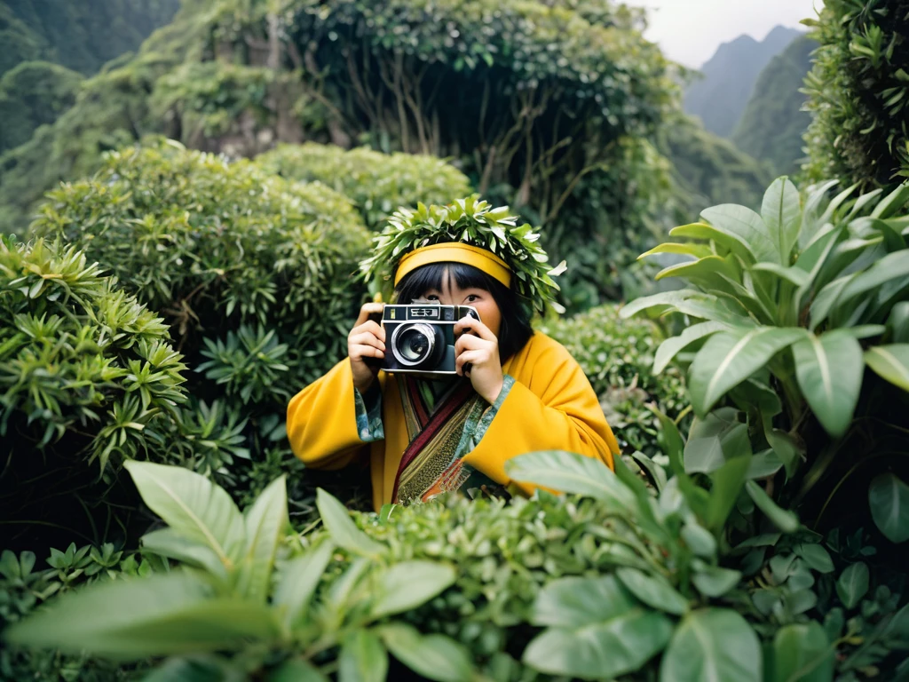 raw photo, masterpiece, A chinese nerd in guinea pig costume hiding in bushes with a old kodak camera at macchu Pichu professional photography