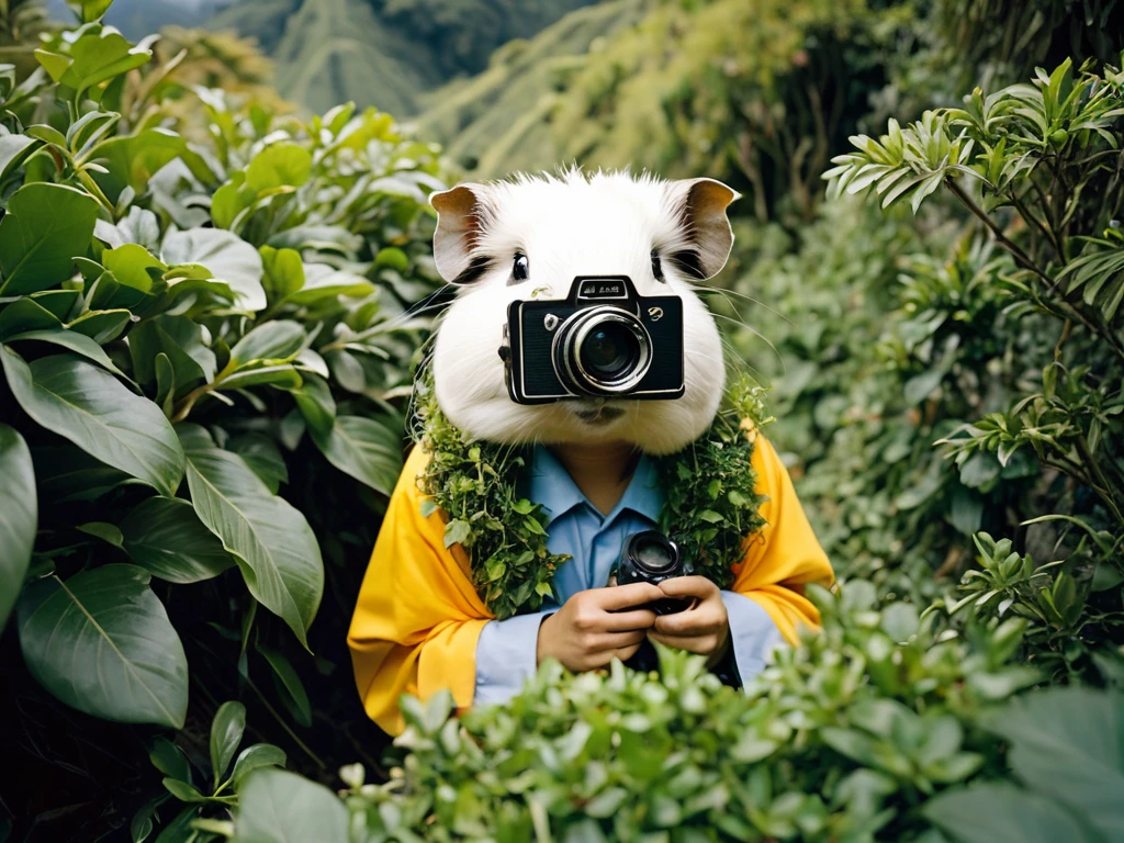 raw photo, masterpiece, A chinese nerd in guinea pig costume hiding in bushes with a old kodak camera at macchu Pichu professional photography