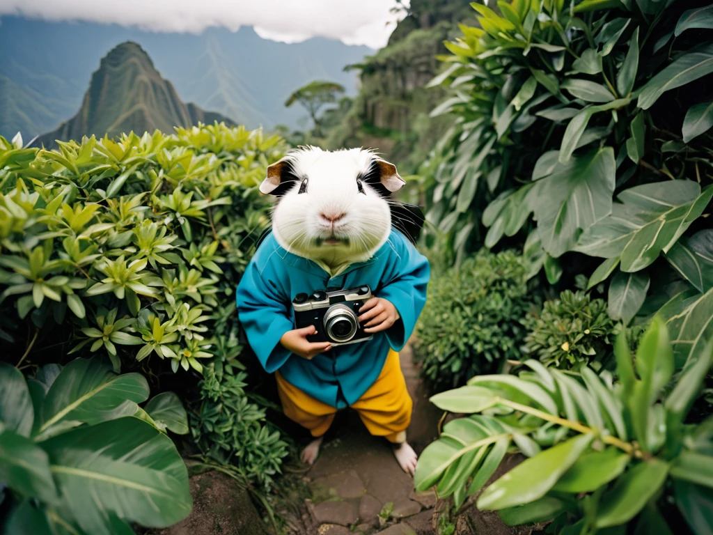 raw photo, masterpiece, A chinese nerd in guinea pig costume hiding in bushes with a old kodak camera at macchu Pichu professional photography