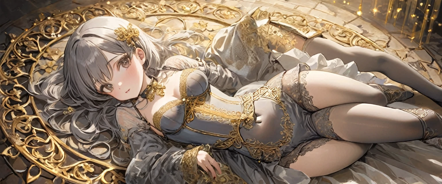 Girls in the Middle Ages、 Gold and silver embroidery、In underwear、Knee-length semi-transparent bloomers(With gold and silver lace)Wearing、Wearing a semi-transparent corset、 Grey translucent tights、Lying down