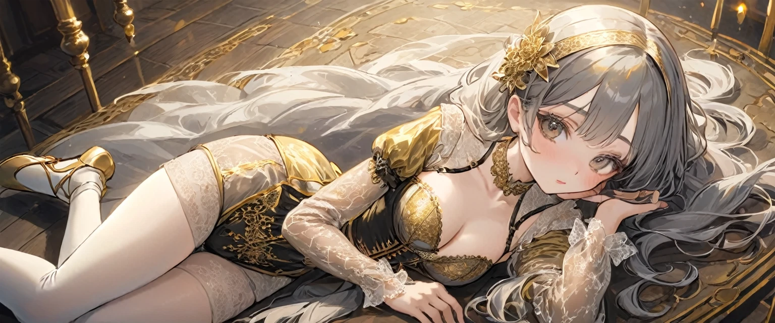 Girls in the Middle Ages、 Gold and silver embroidery、In underwear、Knee-length semi-transparent bloomers（With gold and silver lace）Wearing、Wearing a semi-transparent corset、 Grey translucent tights、Lying down