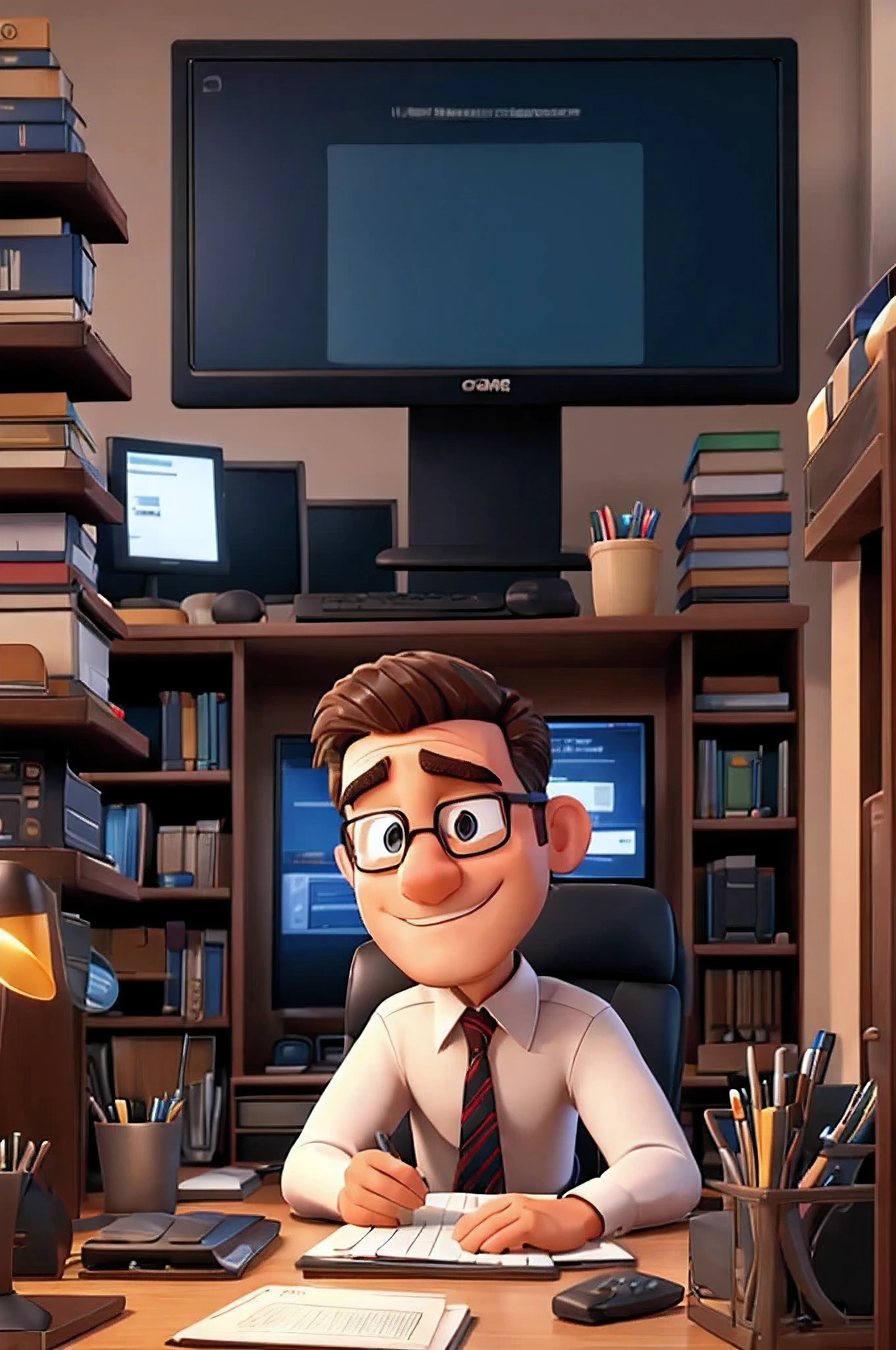 man in office working on computer in pc game