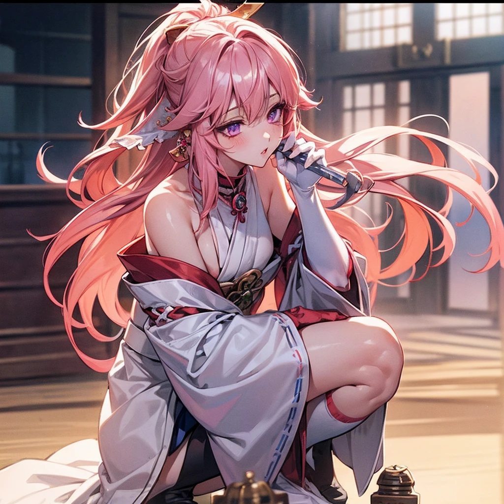 One girl, (Urzan-6500:0.7), K-Pop Idols, yae miko, , Exposed bare shoulders, Pink Hair, Long white hair, Japanese clothing, The best quality at its best, (da pintura:1.5), (hair ornaments:1.35), gem, Purple eyes, 耳Nipple Ring, Huge cleavage, Depth of written boundary, Detailed face, Face Focus, ribbon_trim, (View your viewers:1.25), Non-traditional Shrine Maiden, Glossy Skin, Long sleeves, Thick lips, Game CG, (Blur the background:1.2), Sit, Upper body, whole body、Put your head on the urinal,Yogurt all over、whole bodyが濡れている、One girll, , Obscene, Pee, Urine,garbage,masterpiece, Highest quality, Very detailedな,Knee-high socks、Long white elbow gloves Black calf socks、Open your thighs wide to the left and right、地面にSquat、Showing your crotch to the audience, ((、Squat, Spread your legs:1.3, Flat lighting、Elevation、Sexy pose、Highest quality、Complex、Surreal、perspective, Very detailed, Detailed Background, shape、1 Girl、alone、Big Breasts、A light smile, Embarrassing, blush,