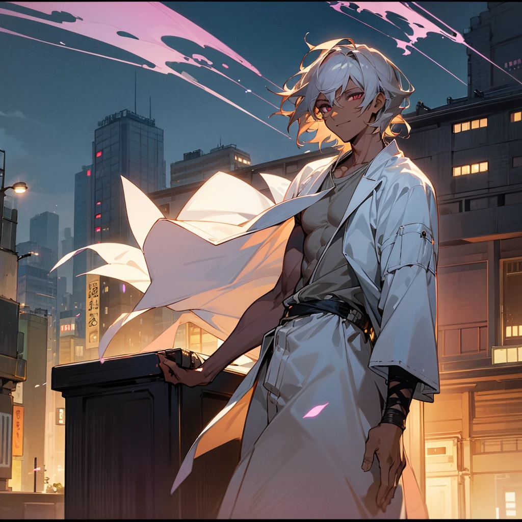 1male, young adult, dark skin, finely detailed plum eyes, wild medium hair, pale grey hair color, casual clothing, jacket, arm band, standing on building, flowers, night time, excited expression, tokyo streets, muscular