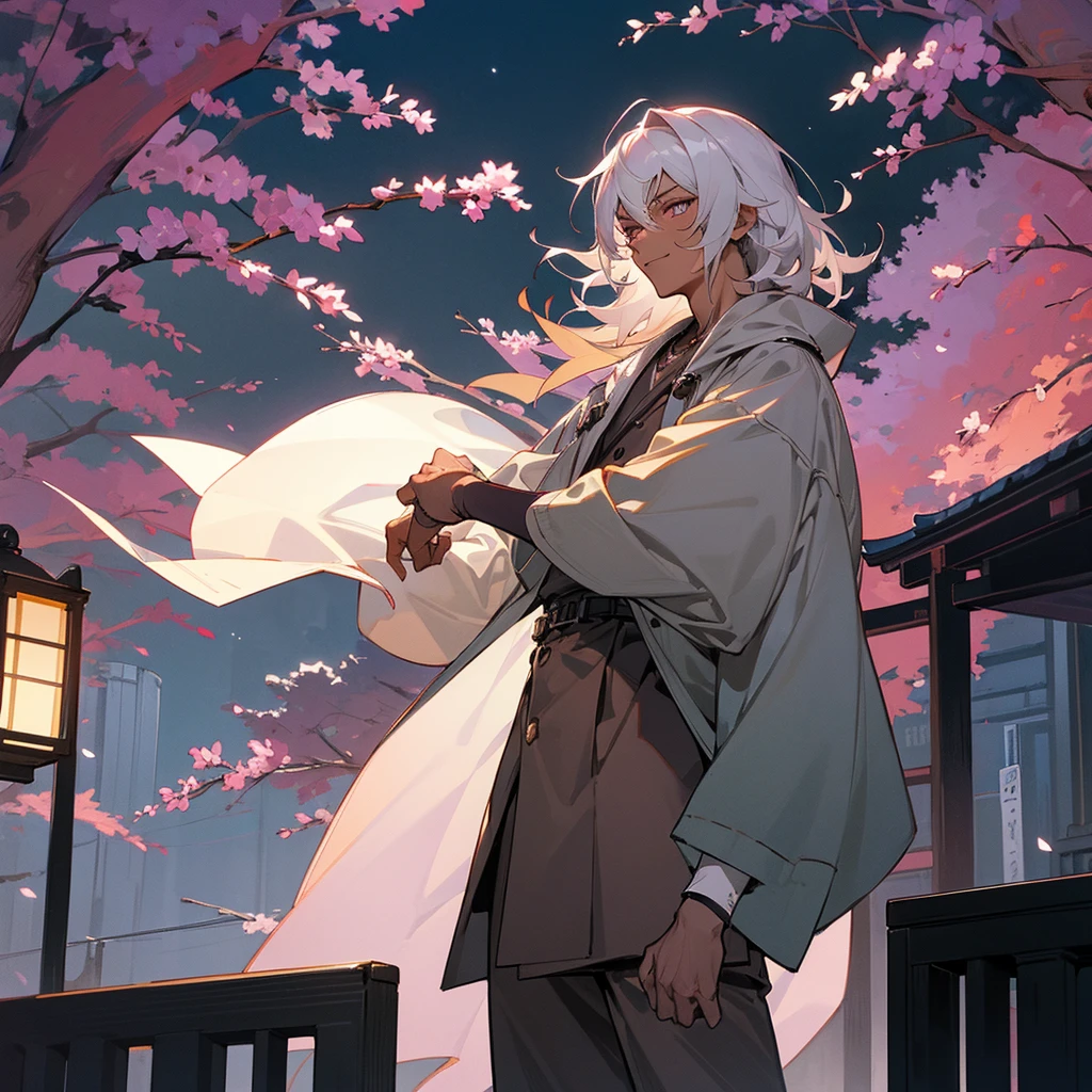 1male,  adult, dark skin, finely detailed plum eyes, wild medium hair, pale grey hair color, casual clothing, jacket, arm band, standing on building, flowers, night time, excited expression, tokyo streets, muscular 