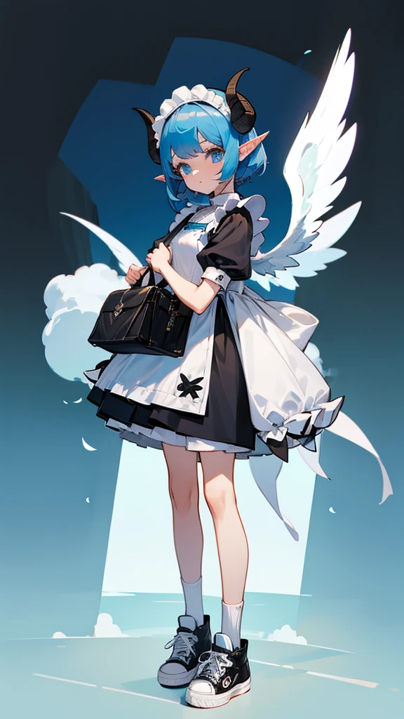 full-length girl, lamb ears and horns, sweater, shorts, Converse sneakers, bag, pretty face, adopt, osAdopt, angel girl, elf ears, long maid dress, lots of bows and ruffles, big wings, short blue hair,