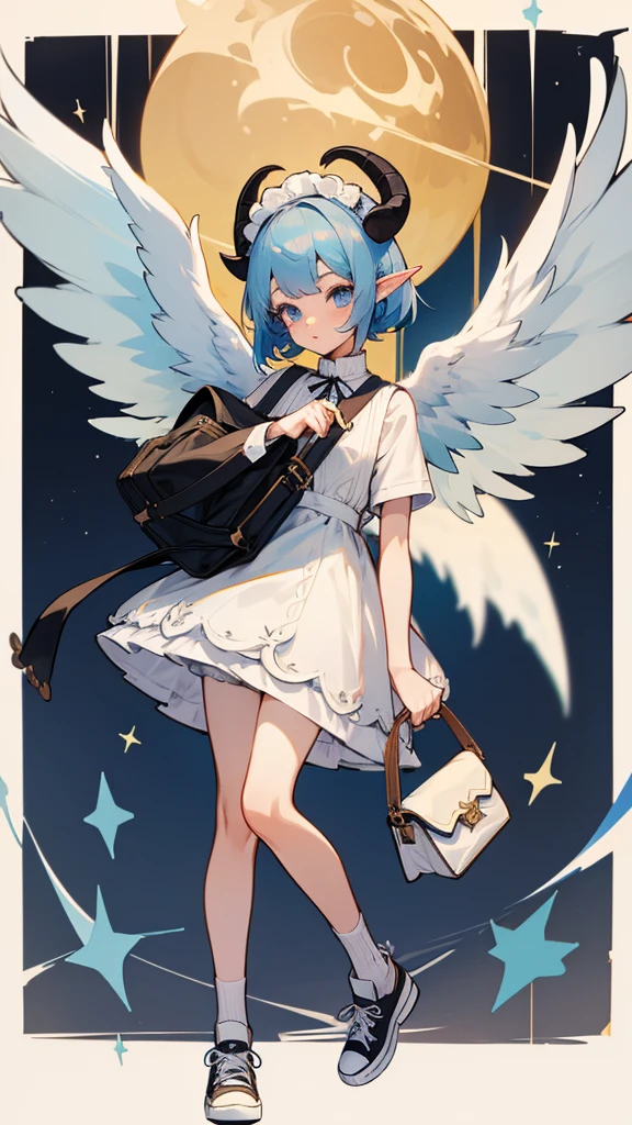 full-length girl, lamb ears and horns, sweater, shorts, Converse sneakers, bag, pretty face, adopt, osAdopt, angel girl, elf ears, long maid dress, lots of bows and ruffles, big wings, short blue hair,