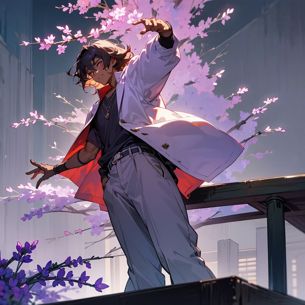 1male, young adult, dark skin, finely detailed plum eyes, wild medium hair, pale lavander hair color, casual clothing, jacket, arm band, standing on building, flowers, night time, excited expression, tokyo streets, muscular