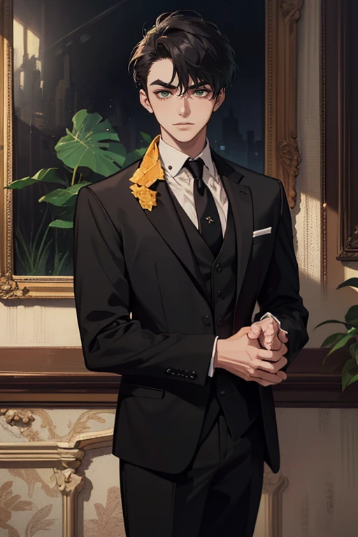 ((a young man in a black suit and tie)), taken in the early 2020s, gotham, alejandro, he looks very sophisticated, (((left side swept bang black short hair))), (dark green eyes and thick eyebrows), smirk. ((20 years old)), ((Black suite and black tie)), masterpiece, posture dynamic, one person