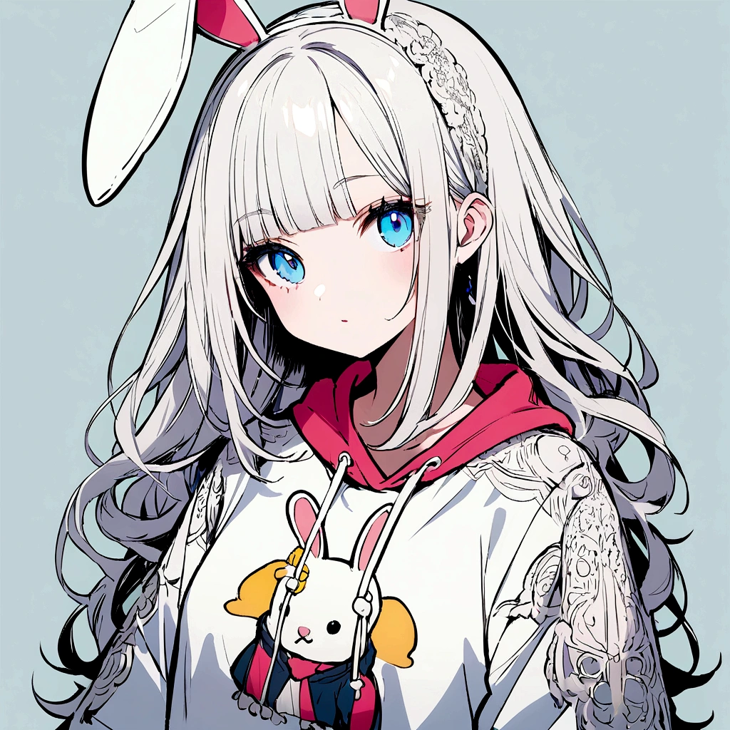 Girl with bunny ears white hair with bangs wearing sweatshirt half body Cartoon