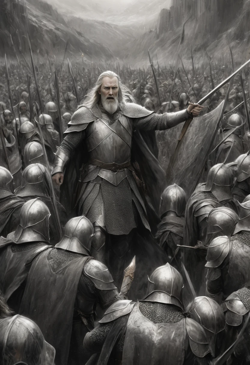 stunning black and white graphite sketch of King Théoden's relief army of Rohirrim , panoramic shot, from The Lord Of The Rings trilogy, in dynamic pose, by Anna Razumovskay, (by Alyssa Monks:1.1), by Joseph Lorusso, by Lilia Alvarado, beautiful lighting, sharp focus, 8k, high res, (pores:0.1), (sweaty:0.8), Masterpiece, Nikon Z9, Award - winning photograph, --ar 16:9 --style raw --stylize 750 --niji 6, perfect composition, beautiful detailed intricate insanely detailed octane render trending on artstation, 8 k artistic photography, photorealistic concept art, soft natural volumetric cinematic perfect, wide angle view 