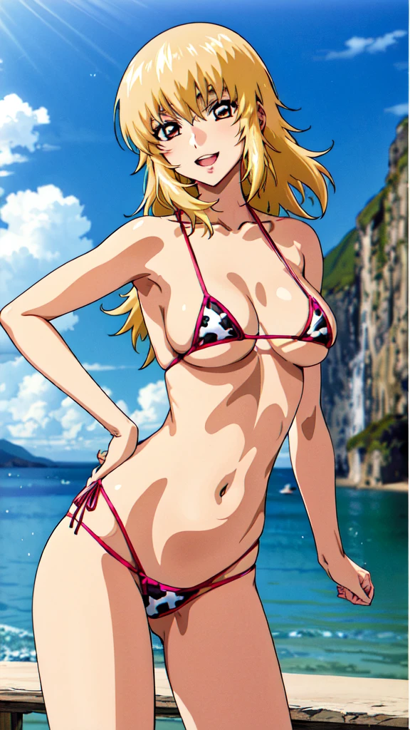 (masterpiece, 4K, Highest quality, anime style: 1.9, Detailed face, Lovely, Ocean,bold, High resolution, anime, Lake 4. alone, Curvaceous, Thighs, Cleavage, Center of chest, smile, Please open your mouth wide, Very slim belly, Cowboy Shot, Cow print bikini,1 Girl,blonde, Brown eyes,Bright Cell