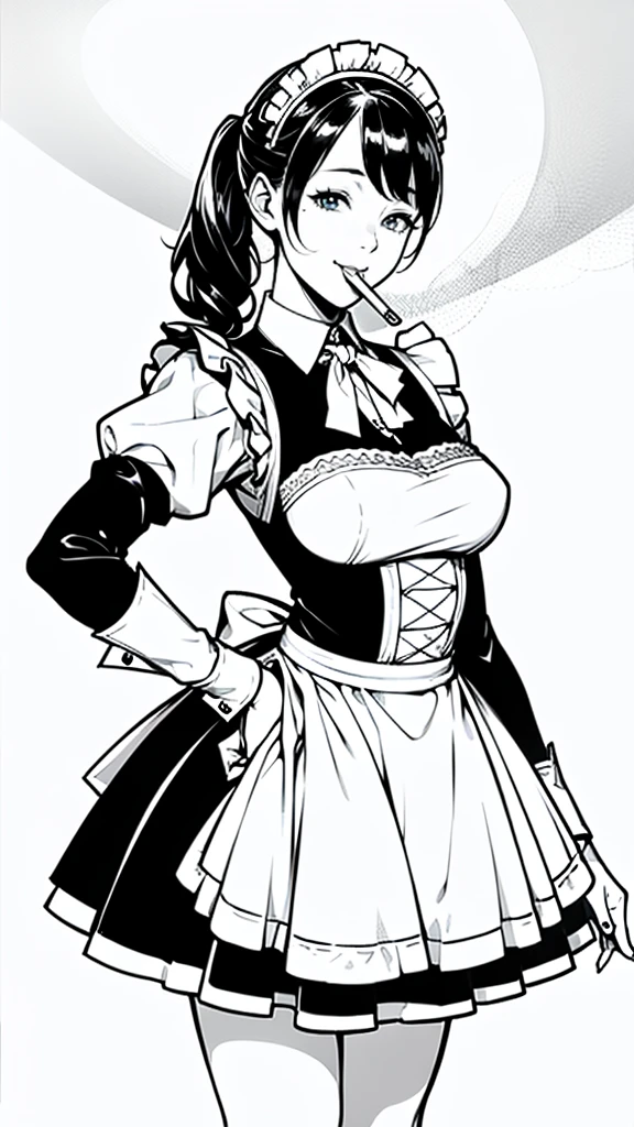 (masterpiece:1.2, Highest quality),(Line art),(Monochrome),(Very detailed),8K,wallpaper,1 female,Cute face,smile,((Maid in a maid café)),((betterhand)),Random hairstyle,Random pose,Beautiful female hands,((lineart, monochrome)),BREAK(((maid cafe))),(((tabacco to mouth))),((a girl in gothic costume standing))