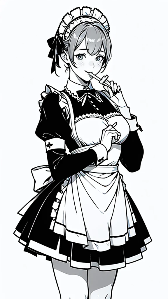 (masterpiece:1.2, Highest quality),(Line art),(Monochrome),(Very detailed),8K,wallpaper,1 female,Cute face,smile,((Maid in a maid café)),((betterhand)),Random hairstyle,Random pose,Beautiful female hands,((lineart, monochrome)),BREAK(((maid cafe))),(((tabacco to mouth))),((a girl in gothic costume standing))