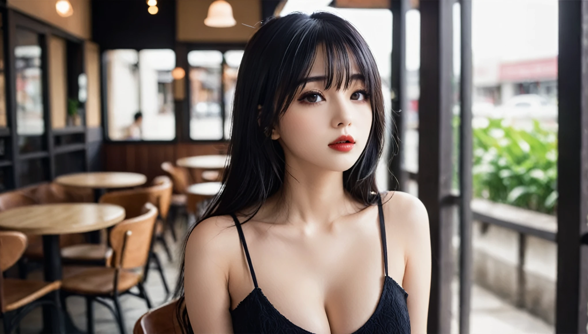 a girl，cute and pretty face，Long straight black hair，Long bangs covering eyes，long eyelashes，(Fine eyes)，small eyes，(half-closed eyes)，(Dark lipstick)，(Dark eyeshadow)，Slim body，Large breasts，Slender limbs，spaghetti strap dress，outnside an old coffee shop，clean focus，shallow Depth of Field，Ultra-detailed faces，very beautiful face，Extremely high texture skin，Look to viewer，beautiful legs，seductive，femainine pose，(realistic ，realistic-photo，RAW photo，8K original)，lens flare，film grain，artistic photography，UHD，highres，masterpiece，retina，