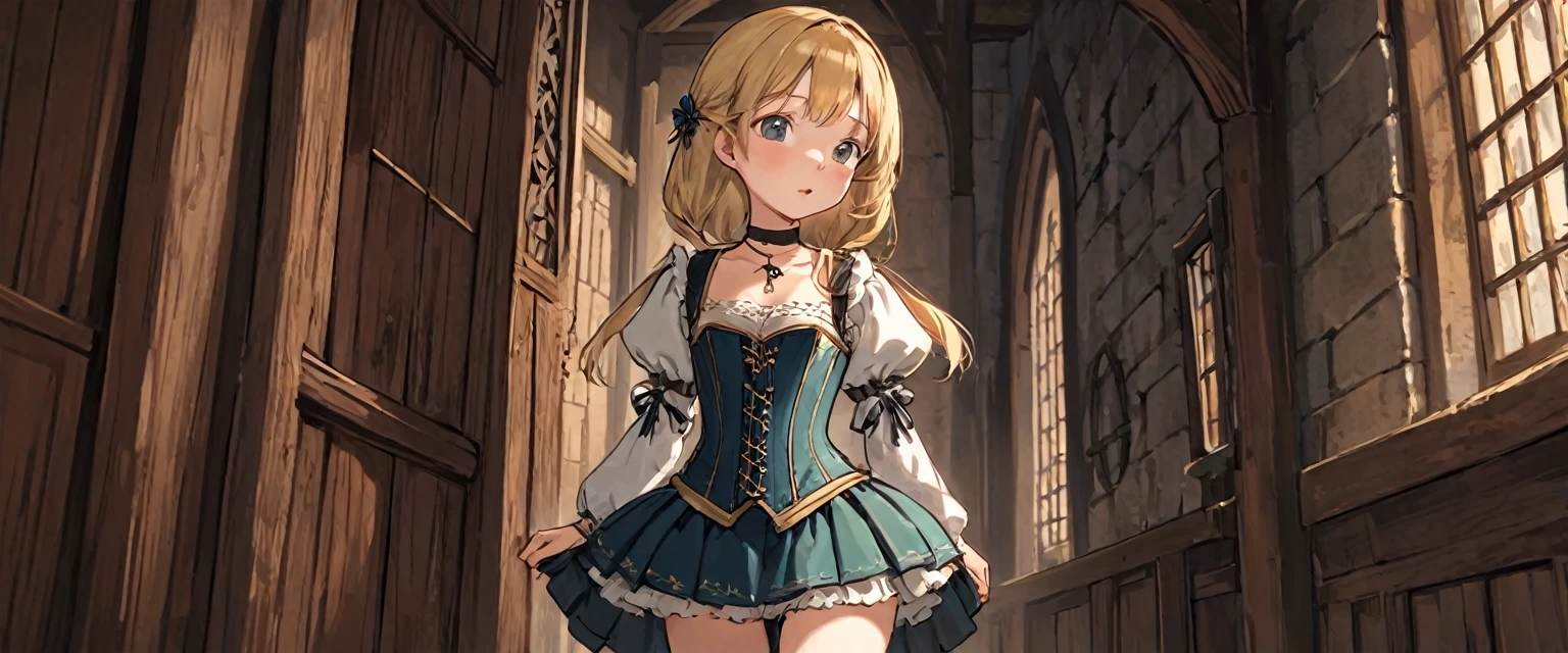 8 medieval girl, underwear姿、Knee-length drawers(underwear)Wearing、Wearing a corset