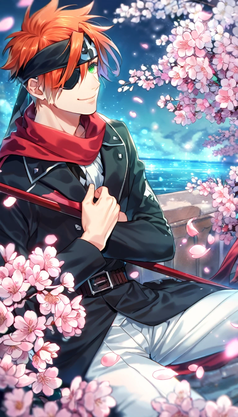 Ultra detailed, Highres, absurdres, HDR, Lavi bookman, orange hair, expressive green eye, black eye patch, D.Gray-man, red scarf, black jacket, black headband, fantasy, handsome, sexy man, solo, very detailed eyes and face, master piece, pink flowers, blossoms, pink petals, magical, water, handsome smile, shining blue fireflies, white pants, sitting