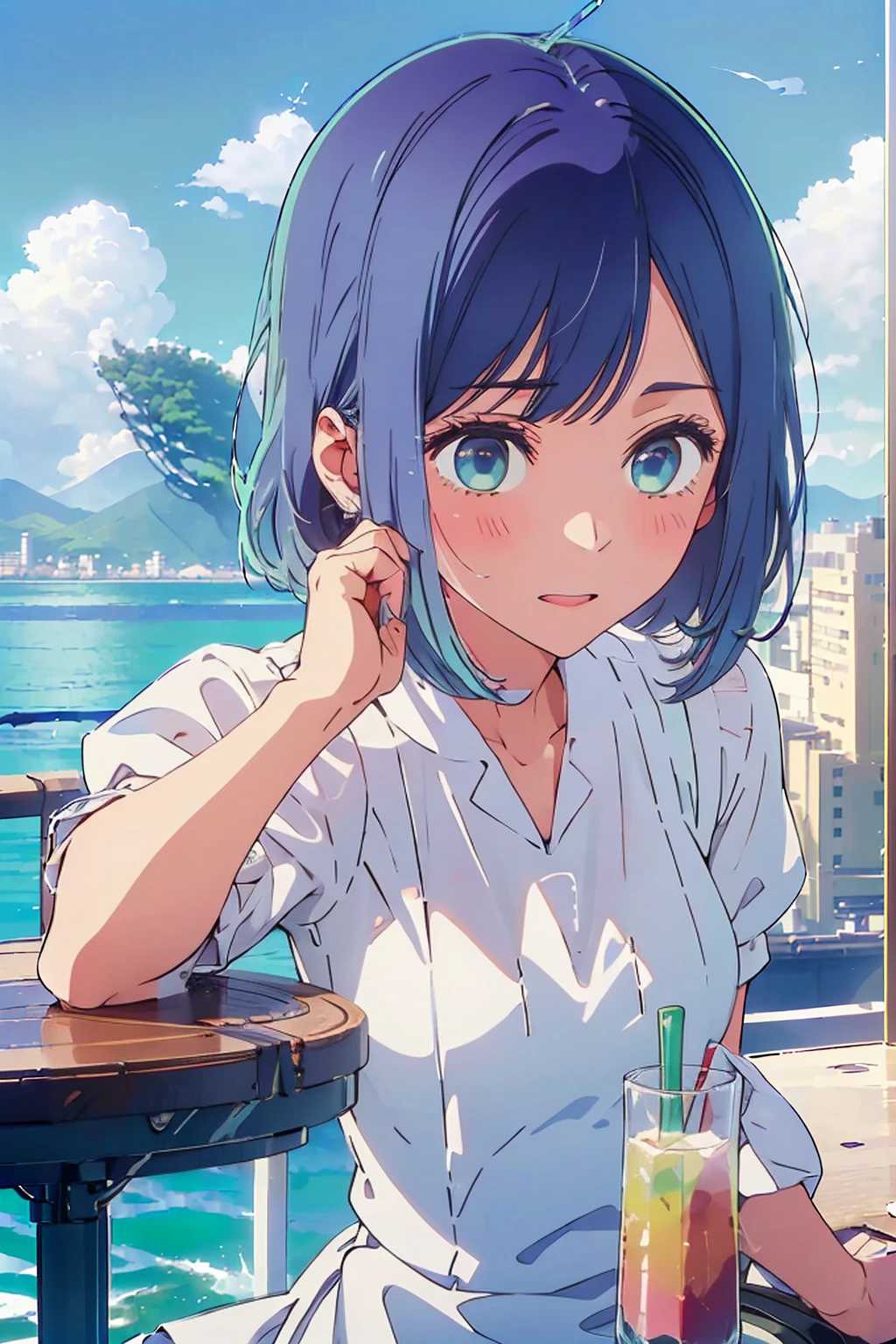 (Highest quality:1.4、8K:1.4、detailed)、F cup bust、Big Breasts、Slim body、Very white beautiful skin、((((1 person、Surprised expression、sit、Chair、In the background are the urban buildings of Tokyo、looking at the camera、Outdoor café terrace、coastal、Navy hair color、juice、A semi-plain, short-sleeved white blouse、The sleeves are puffy、Shooting up close、table、Very cute face))))、(Pose of putting hair behind ears with hands:1.4、Low ponytail:1.4)、Very blue sky、A completely cloudless sky