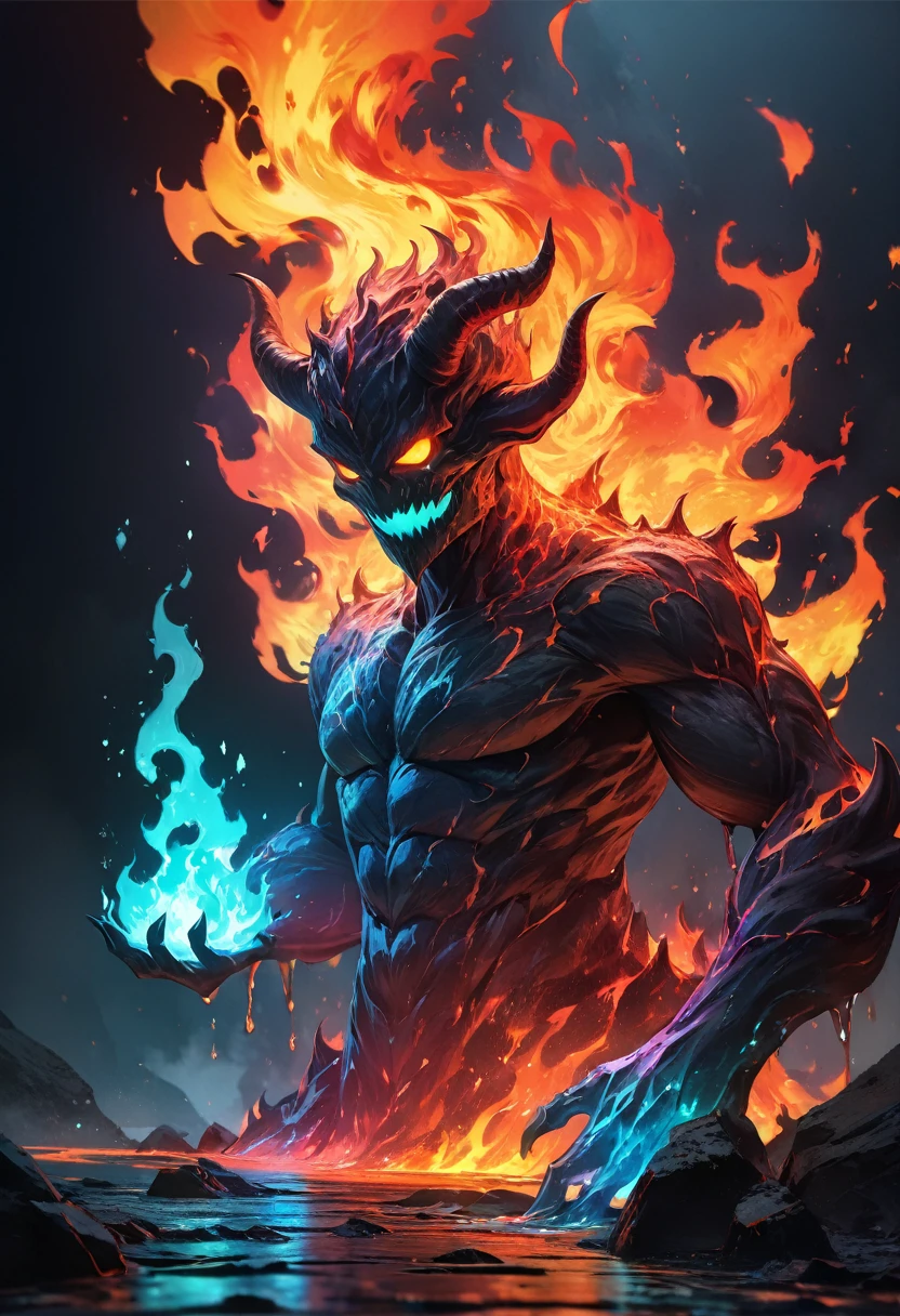  ((Best quality, 8K, Masterpiece: 1.4)),((Amazing detail: 1.3)),((illustration: 1.2)),((high resolution: 1.1)),Eldritch,flame elemental, fire demon, luminous fire elemental,Empty background,astral,Viscous liquid,Colorful, vapor, Dark style, Dark fantasy, Perfect hand,Murderous face,Human toch,lava