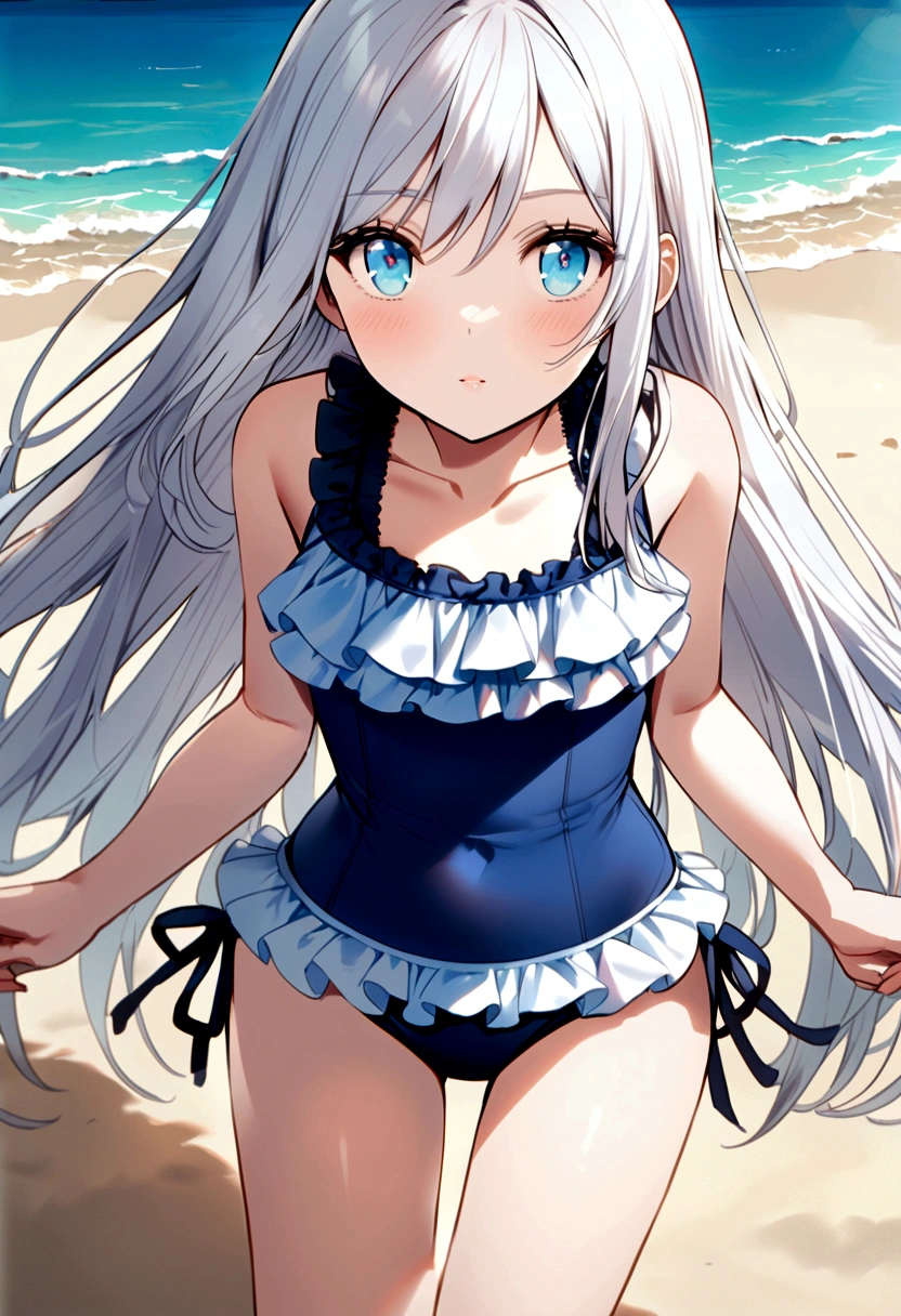 White Hair、Long Hair、Light blue eyes、Lori、Ruffled swimsuit、beach