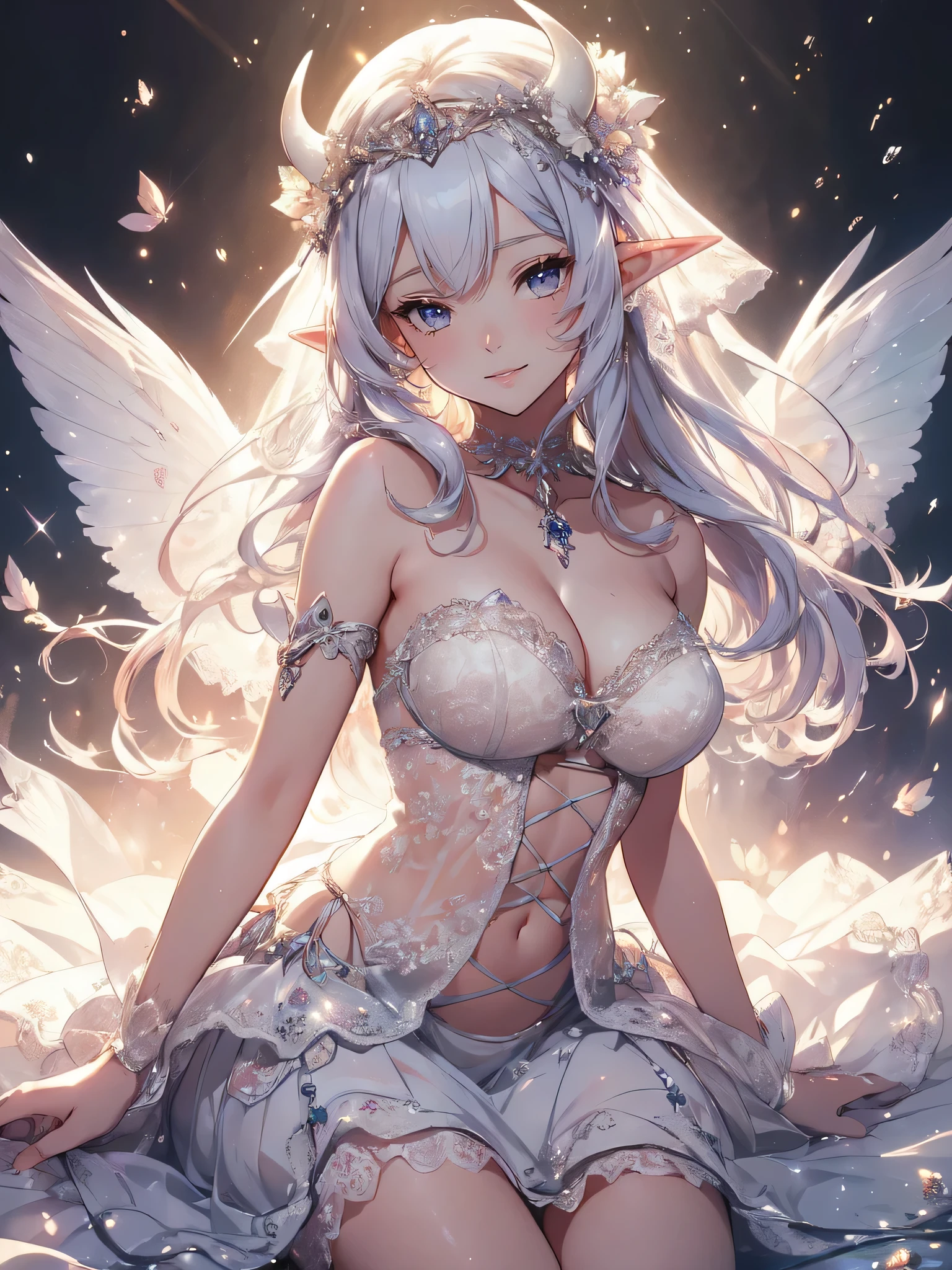 最High quality、1 woman elf、((open eyes)) )The Strongest Succubus、Open your eyes、View here、Beautiful eyes、Beautiful decorated swimsuit、比基尼,最High quality , Fractal Art　((smile、))((sleep on your back　))SMqueen、orgasm、Ecstasy、Bigger on the front、 Beautiful shine,High-definition depiction, Realistic, 8K, Unity, Beautiful thighs,,Giant Devil's Wings、虹Farbeに輝く翼、、 light smile, Beautifully and vividly drawn, , beautiful beautiful透き通る肌、The magic of shining beautiful decoration、Giant horns、  demon king、、Beautiful decorative corners、 , beautiful、 Romanticism,mosquito。 The most beautiful form of chaos, Mr..々Farbe, Intertwined flowers, P article,Magical gentle light,smile,,image quality、masterpiece、Beautiful face、Super beautiful elf woman((Big breasted 22 year old office lady、Bust 100,Beautiful long ironed hair、Silver Hair、height: 165cm。、Esbian、、High quality、、Visual Arts、最high quality、1 woman elf  ,beautiful Fractal Art　light、Beautiful radiance,High-definition depiction, Realistic, 8K, Unity, , light smile, Beautifully and vividly drawn, , Beautiful, beautiful, clear skin、 ((see-through swim suit,))Countless rays of light pouring down, Swirling Light, big background, , Intense light is emitted . Romanticism,:  quality、((open eyes)) 【prompt】

＜Quality improvement prompts＞
＜Prompts for specifying characters, etc.＞
BREAK (white theme:1.5), (pure white elegant wedding dress:1.3), (sheer white wedding veil on head:1.4), (strapless white courselet with bold plunge:1.4), ((sleeveless, collarbone, upperboobs):1.3), ((full-length hoop skirt, crinoline, fabric of skirt covers entire leg):1.3), (tulle lace on skirt:1.3), (beautiful intricate floral lace embroidery:1.3), (white bridal shoes:1.2),
