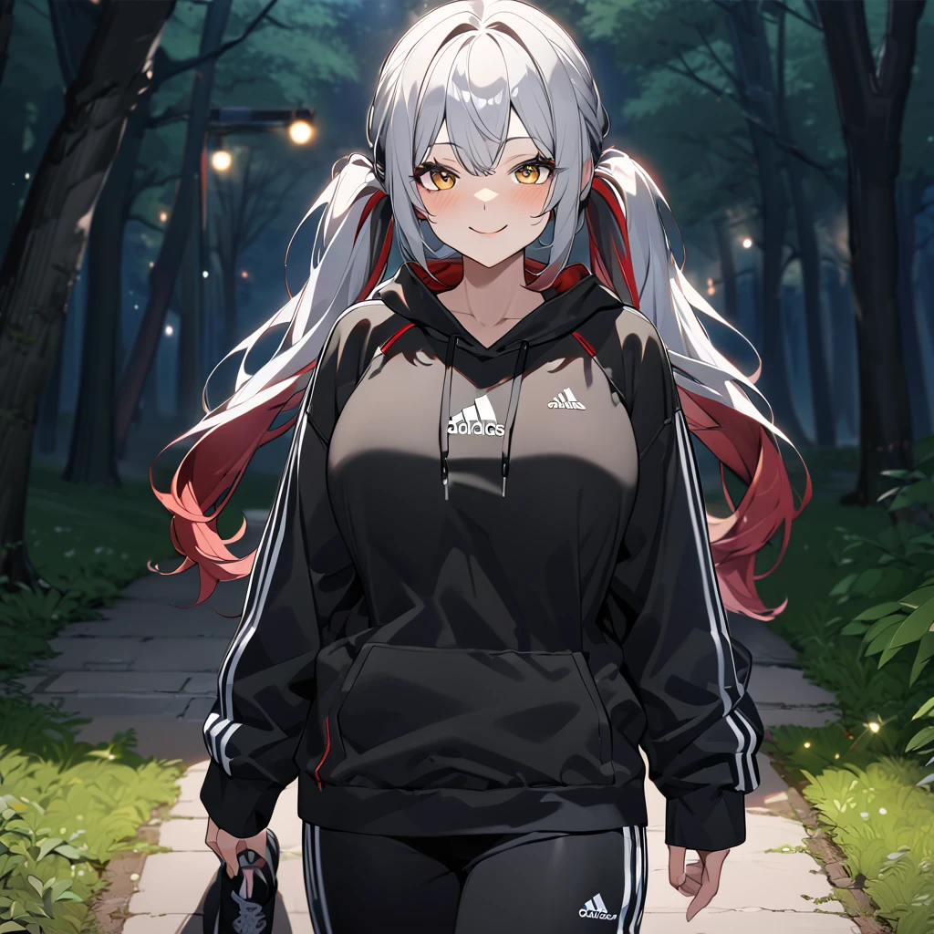 A woman wearing a black adidas sweatshirt, black adidas track pants, sports shoes, silver hair, pigtails, red bangs, multi-colored hair,a red fringe on the front of the hair, yellow eyes, smiling, big breasts walking on a sidewalk in a forest park at night, with illuminated location overlooking a lake on site, close view, UHD, prime work, accurate, anatomically correct, textured skin, super details, high quality, best quality, 8k, high resolution, bokeh effect. (woman alone)
