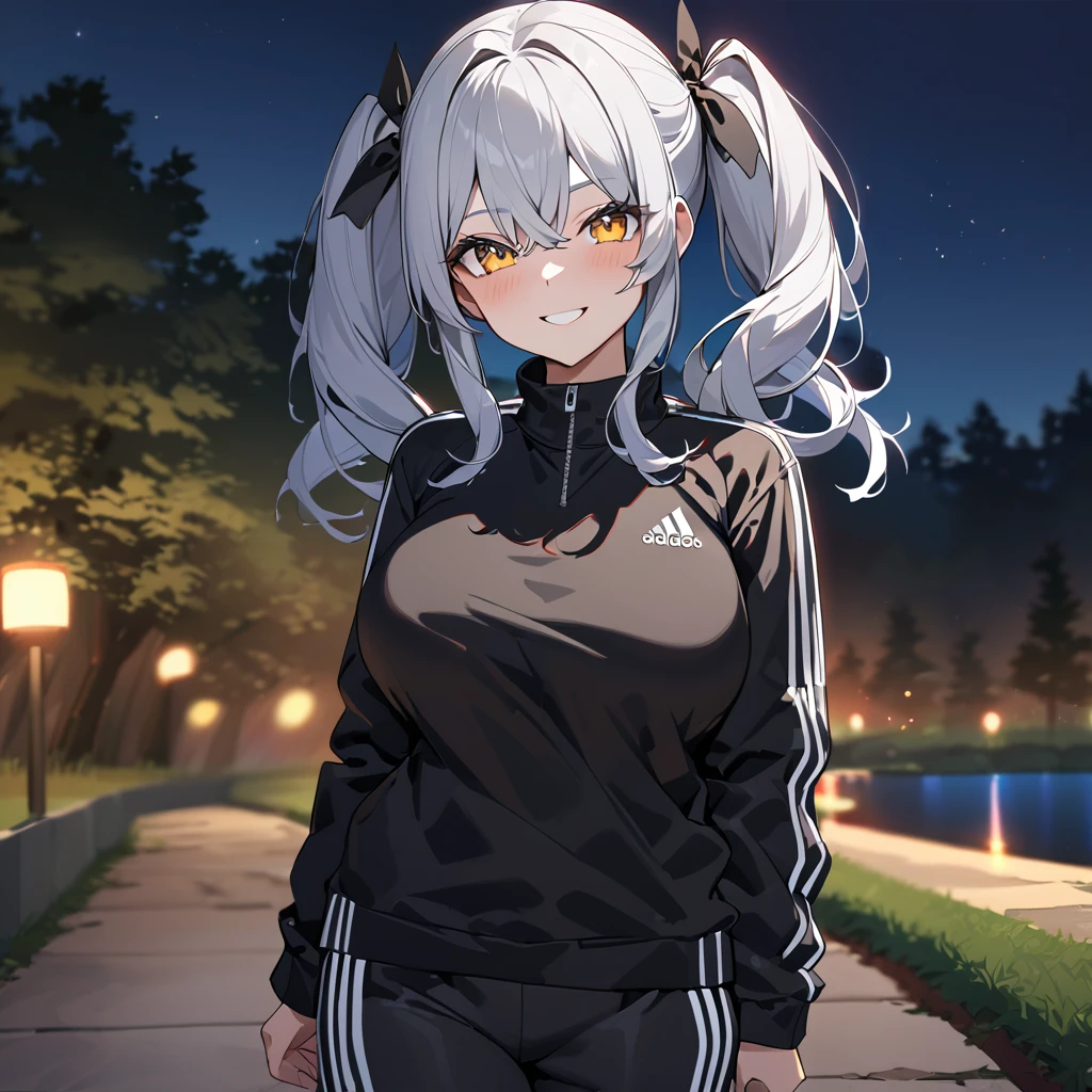 A woman wearing a black adidas sweatshirt, black adidas track pants, sports shoes, silver hair, pigtails, red bangs, multi-colored hair,a red fringe on the front of the hair, yellow eyes, smiling, big breasts walking on a sidewalk in a forest park at night, with illuminated location overlooking a lake on site, close view, UHD, prime work, accurate, anatomically correct, textured skin, super details, high quality, best quality, 8k, high resolution, bokeh effect. (woman alone)
