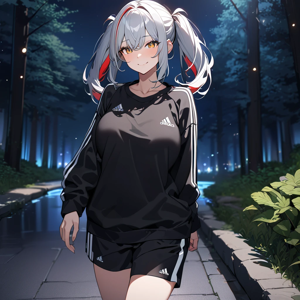 A woman wearing a black adidas sweatshirt, black adidas track pants, sports shoes, silver hair, pigtails, red bangs, multi-colored hair,a red fringe on the front of the hair, yellow eyes, smiling, big breasts walking on a sidewalk in a forest park at night, with illuminated location overlooking a lake on site, close view, UHD, prime work, accurate, anatomically correct, textured skin, super details, high quality, best quality, 8k, high resolution, bokeh effect. (woman alone)
